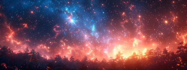 Fototapeta premium Cosmic nebula is visible against silhouette of forest, with vibrant colors of blue, orange, and Purple. Banner with copy space. Inspiring universe view. Space and science concept
