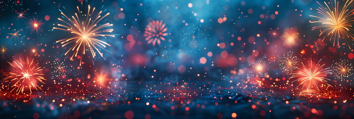 Fototapeta premium Colorful fireworks in night sky with vibrant flashes. Banner with copy space. Festive display includes red, purple, blue and gold fireworks. Concept for celebrations and holidays