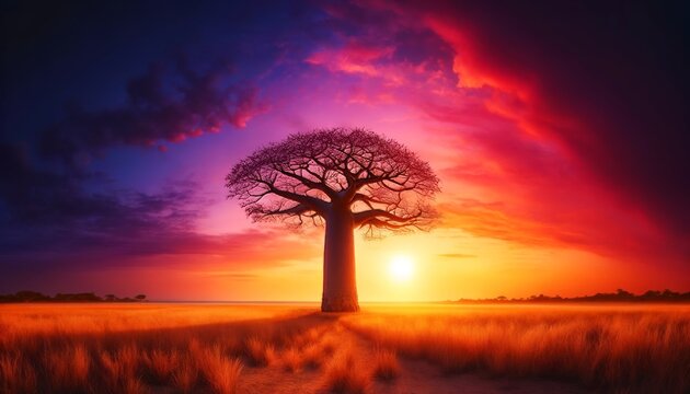 A single baobab tree in a savannah at sunset with a colorful sky.