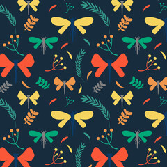 Seamless floral insects pattern flat background. Colorful vector illustration