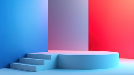 A white podium with a blue and red gradient background.