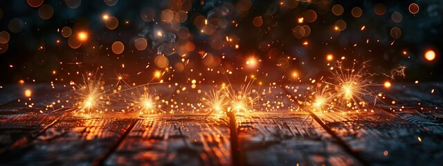 Naklejka premium Celebration with bright sparklers. Banner with copy space for design. Bokeh background and warm golden tones evoke a joyful, festive atmosphere. Holidays concept