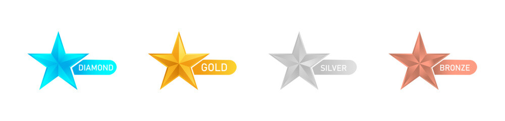 Diamond, gold, silver and bronze star sign. Review of customer product ratings. Set of review icon on stars vector graphics.
