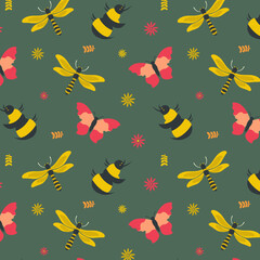 Butterfly & bee seamless pattern background. Hand drawn floral texture for fabric, textile, digital papers, baby clothes, packaging