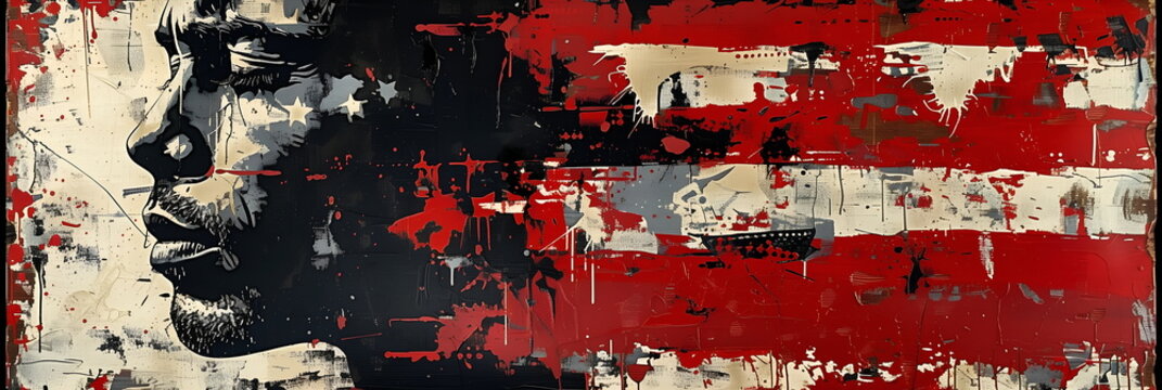 Patriotic American theme for 4th of July USA Independence Day, man closed eyes with proud look and vintage US flag, symbol of freedom and independence, red and white. Banner with copy space