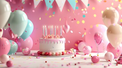 birthday cake with candles and balloons 