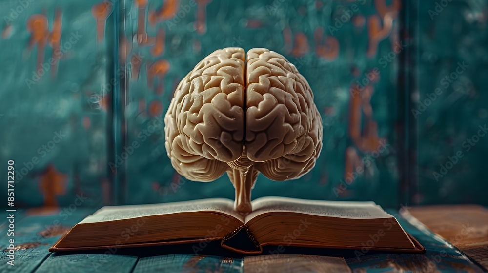 Poster brain with a book inside symbolizing knowledge and education brain concept and copy space