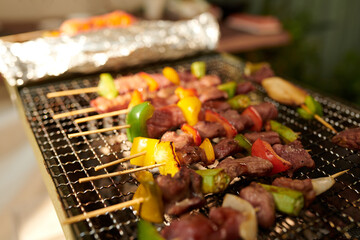 Delicious kebabs on grill in backyard