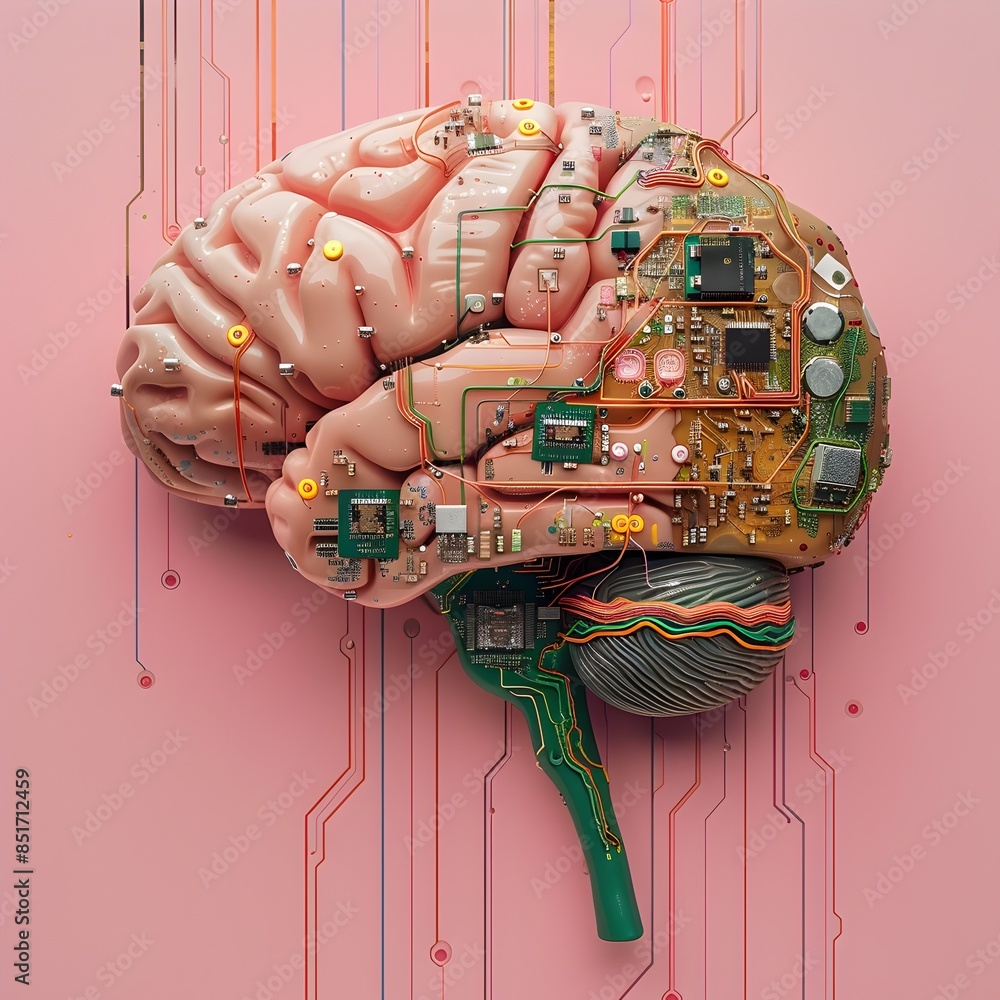 Poster brain embedded with computer chip symbolizing advanced cognitive technology concept