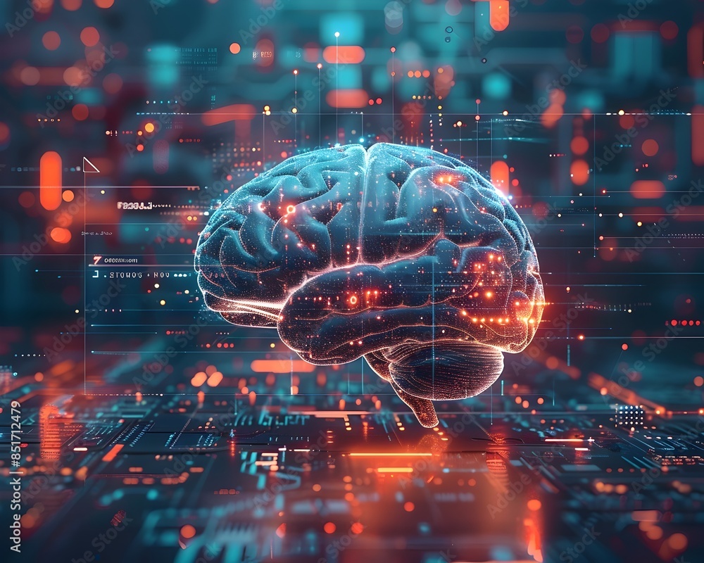 Poster brain with digital interface highlighting interactive technology and user interfaces
