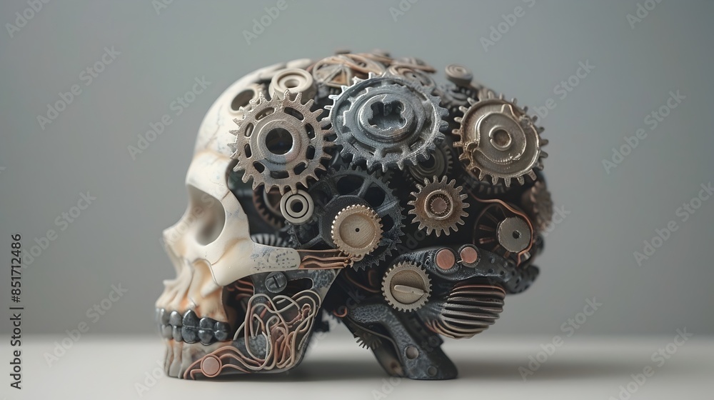 Poster brain with mechanical gears representing problem solving and analytical thinking concept