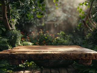 Fototapeta premium Rustic Wooden Table with Natural Greenery Backdrop for Organic Product Display