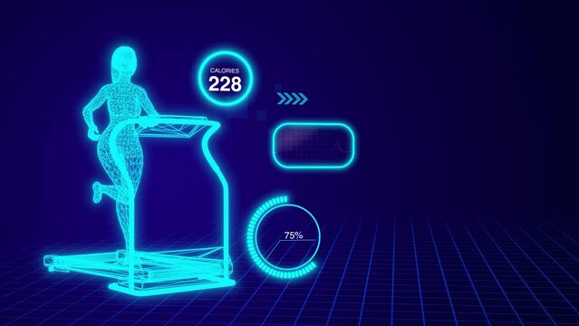 3D animation, abstract silhouette of a wireframe girl running on a treadmill against a background of virtual animated icons on a blue background. Holographic fitness style. 4K video - Powered by Adobe