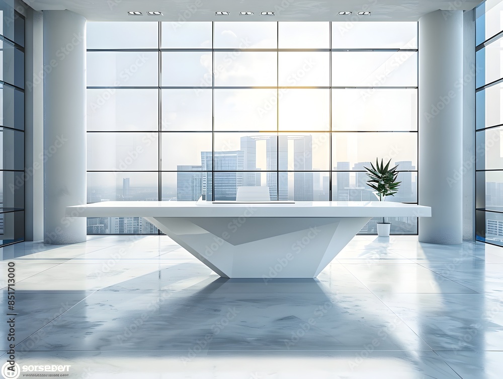 Poster Modern White Table in High Tech Office with Large Windows for Product Concept Display