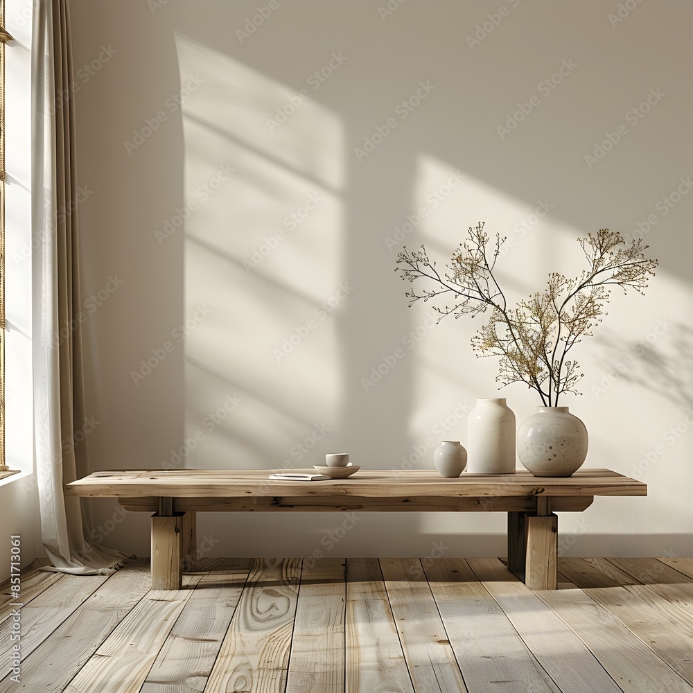 Wall mural minimalist wooden table in neutral toned room showcasing empty display concept with copyspace