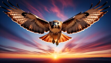 A hawk flying directly towards the camera with a sunset backdrop, its wings perfectly symmetrical in the frame.