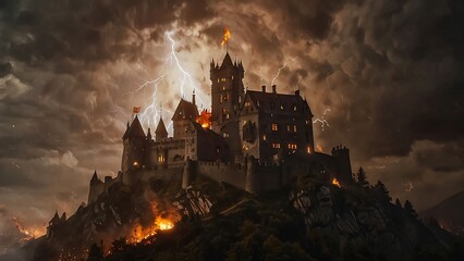 Fototapeta premium Mystical and spooky castle in the dark and in the fog A magical horror castle over the mountain, An ancient historical Dracula haunted castle horror castle for content