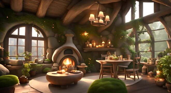 A fairytale forest cottage with a mushroom-shaped roof radiates a warm light decorated with plants