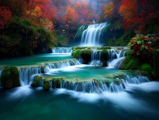 Serene autumn waterfall among vibrant foliage, cascading over moss-covered rocks in a tranquil forest scene with colorful fall leaves.