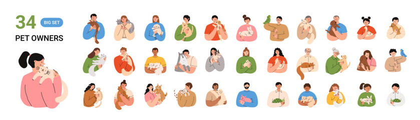 People with their pets. Happy domestic animal owners. Big set of people holding cats, dogs, rabbits, hamsters, turtles. Flat vector illustration isolated on a white background.