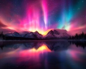 Vivid Northern Lights illuminating mountain landscape with colorful reflections in tranquil lake at night. Stunning aurora borealis scenery.