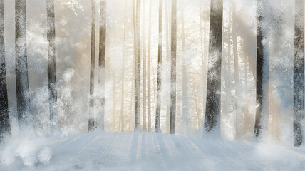 Naklejka premium Frosted Trees in Snowy Woods, Abstract Cold Weather Scene 