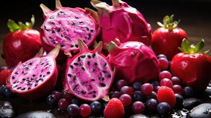 Pieces of dragon fruit cut with top view copy space