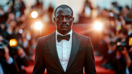 Fototapeta premium African American actor on red carpet, a lot of press filming
