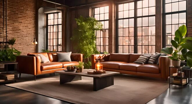 Industrial loft living room with large windows, exposed brick walls, contemporary furniture