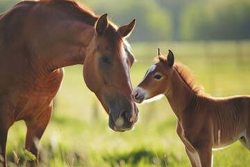 Naklejka premium horse and foal interacting pasture