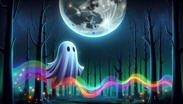 A ghostly character with a whimsical, colorful design floating under a full moon in a mystical forest.