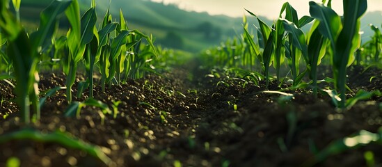 Field of vibrant green biofuel crops such as corn or sugarcane used for sustainable energy production
