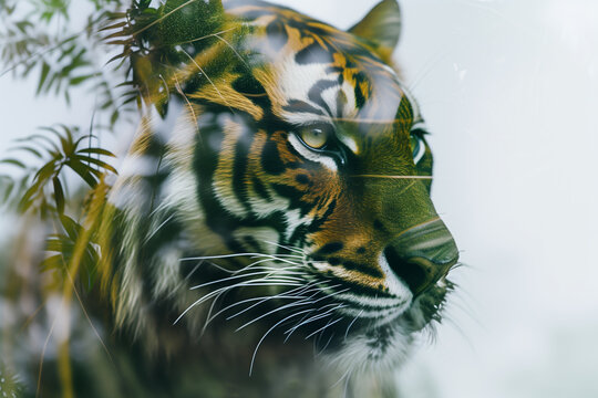 Double exposure photograph of a tiger�s face overlaid with a tropical forest emphasizing the connection between wildlife and nature with copy space for text, Generative AI - Powered by Adobe