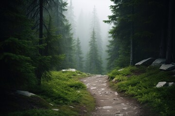 Obraz premium Misty forest trail with lush greenery and tall pine trees, creating a serene and mysterious atmosphere. Perfect for nature and hiking lovers.