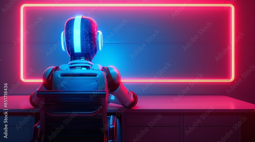 Poster futuristic ai robot sitting at a desk with neon lights, symbolizing advanced artificial intelligence