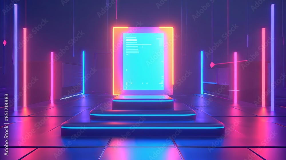 Poster futuristic neon-lit digital interface displaying code on a glowing screen, surrounded by vibrant lig
