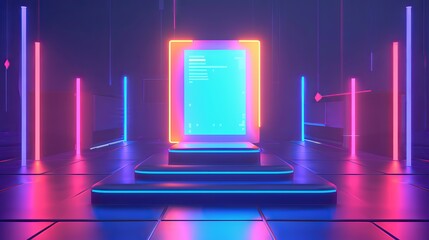 Futuristic neon-lit digital interface displaying code on a glowing screen, surrounded by vibrant lights. Perfect for technology and innovation themes.