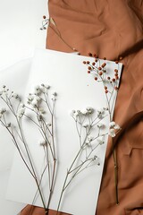 Artistic Floral Arrangement with White and Orange Flowers on Brown Fabric