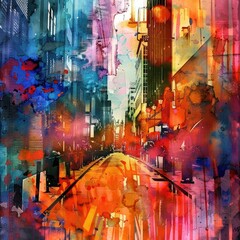 Spectacular watercolor painting of an abstract urban. Digital art 3D illustration