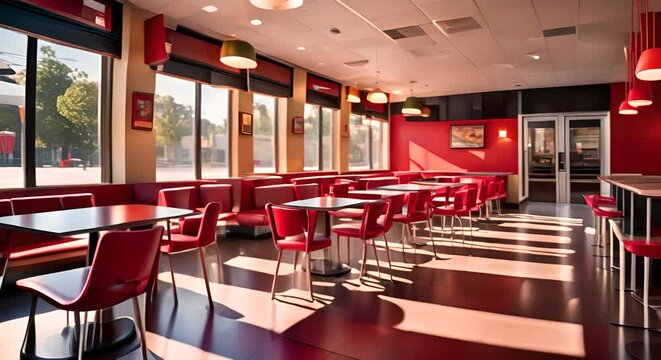 A restaurant with red interior chairs and counter