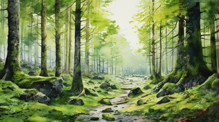 Obraz premium Lush green forest landscape with sunlight filtering through trees and a serene pathway. Perfect for nature, tranquility, and outdoor scenes.