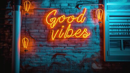 Bright Neon Good Vibes Sign on Brick Wall at Night. Urban Vibrant Retro Atmosphere.
