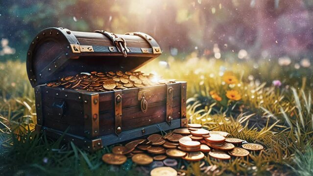 animation of a chest with gold coins. seamless looping time lapse virtual 4k video animation background.
