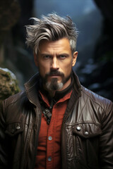 Obraz premium Portrait of brutal man with trendy hairstyle in leather jacket.