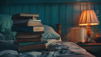 Frontal Angle, stack of books on a bedside table as part of a bedtime routine, relaxation, photorealistic masterpiece, professional photography, professional color grading, cinemat