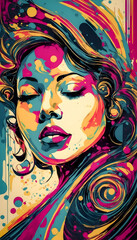 Fototapeta premium A vibrant, abstract painting of a woman's face with closed eyes, featuring bold, colorful splashes and swirls in shades of pink, yellow, blue, and green. International Music Day.