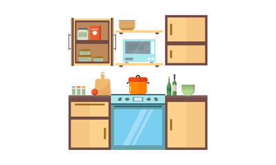 Home kitchenware, food and devices in color vector flat illustration