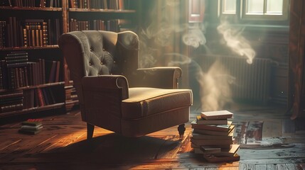 Frontal Angle, comfortable chair with a stack of books, warm lighting, relaxation, photorealistic...