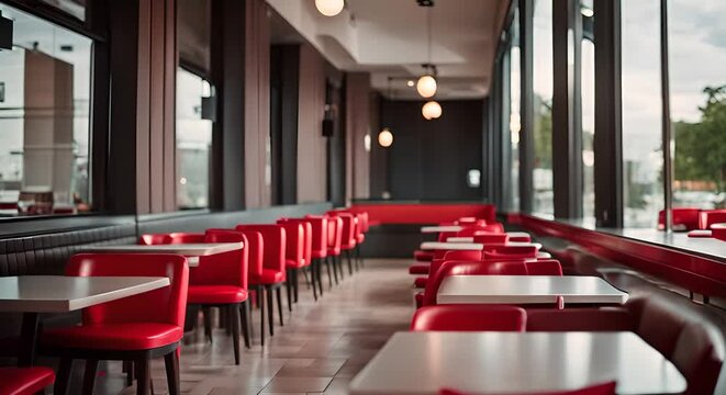 A restaurant with red interior chairs and counter