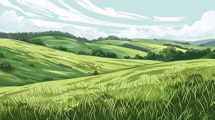 Fototapeta premium A illustration of a green grass field with a blue sky and clouds. 